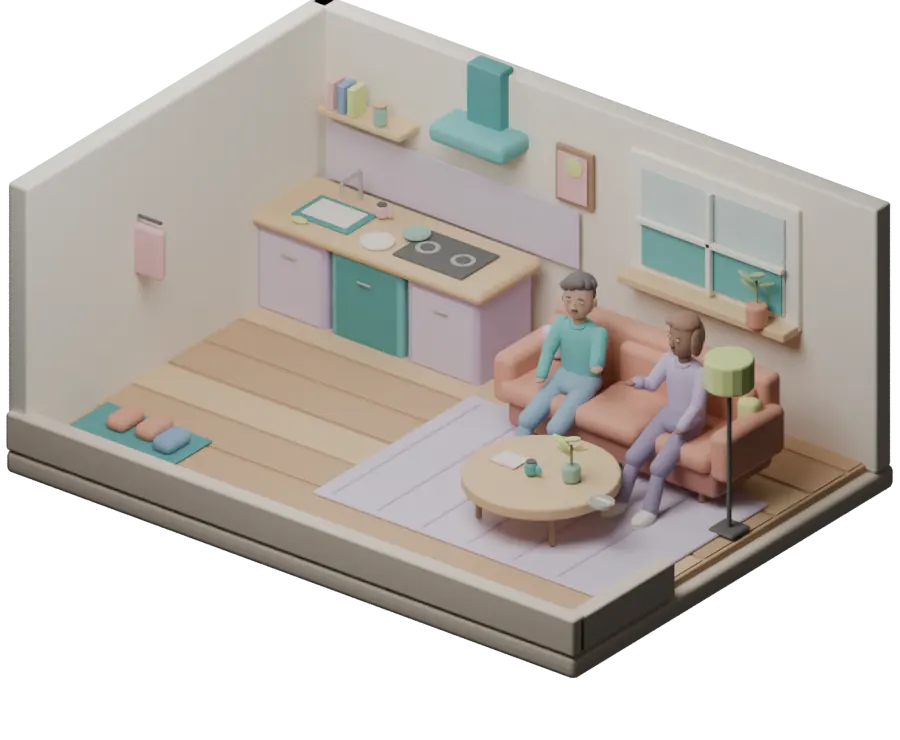 Housemates chatting in a miniature shared kitchen and living room